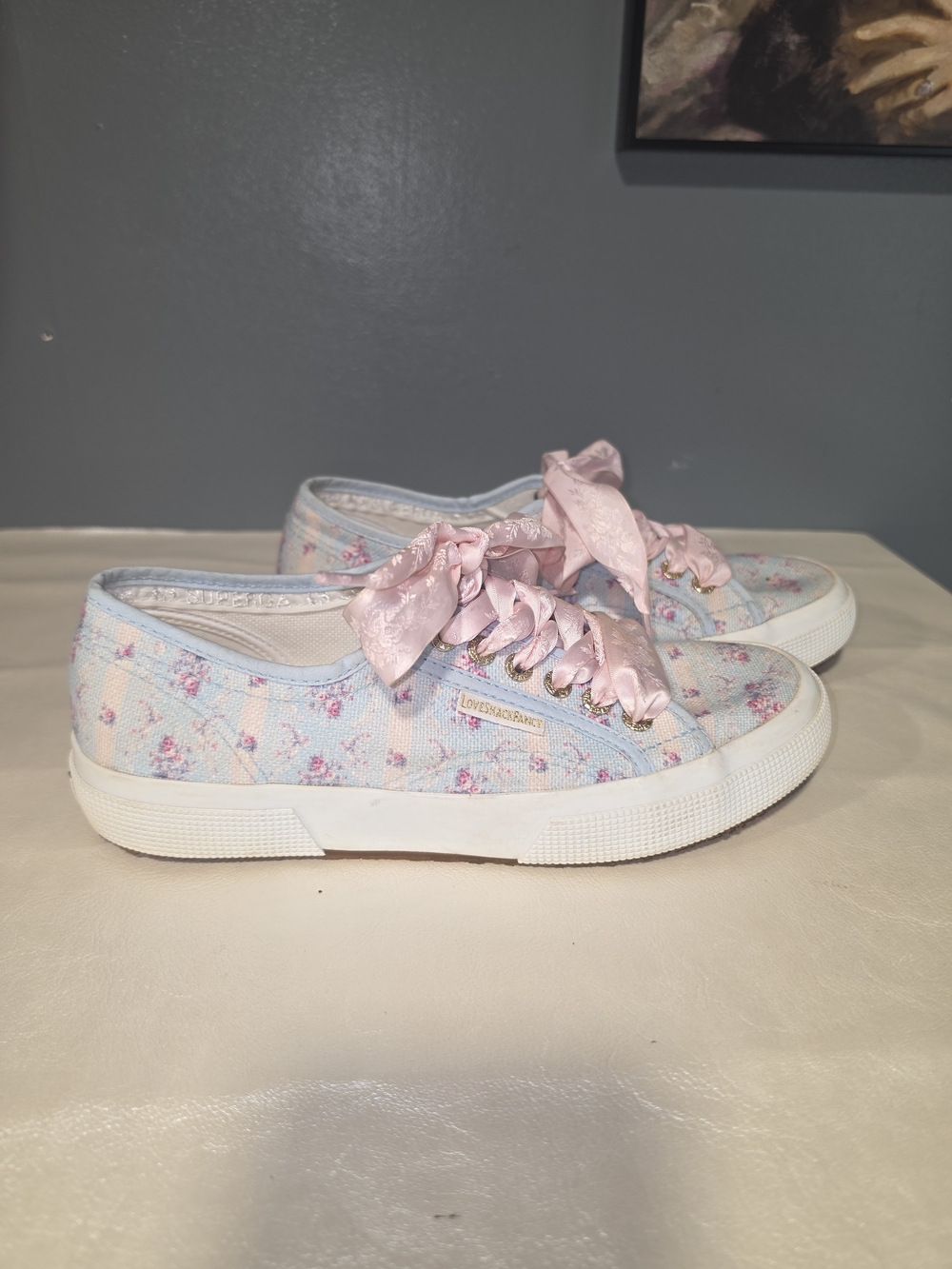 Superga X LOVESHACKFANCY Light Blue Floral Sneakers Pink Ribbon Laces SZ 39 1/2